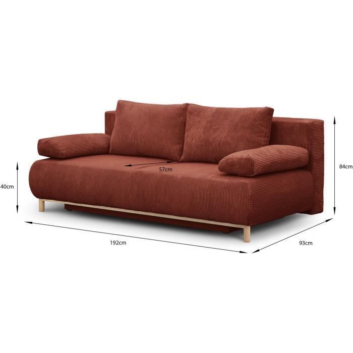 Sofá convertible de 3 plazas - MIKA - Pana color terracota - Compartimento de almacenamiento - Ancho 192 x Alto 84 x Profundidad 93 cm