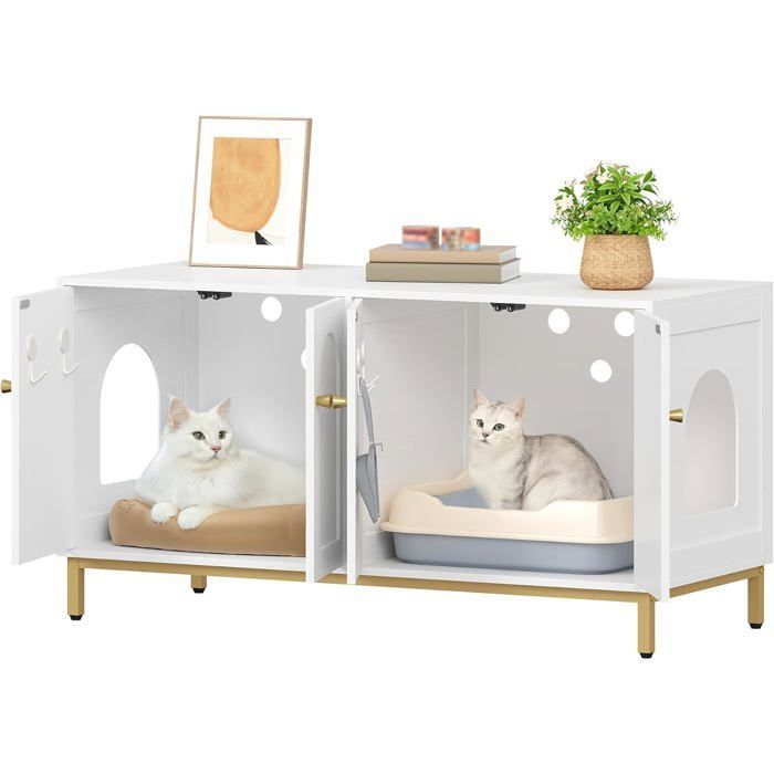 Arenero para 2 gatos, unidad de almacenamiento oculta, banco de almacenamiento, compatible con la mayoría de areneros, blanco.