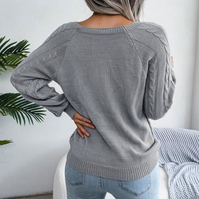 Jersey de punto gris para mujer - Estilo casual de otoño/invierno - Cuello cuadrado con botones - Cierre de botones
