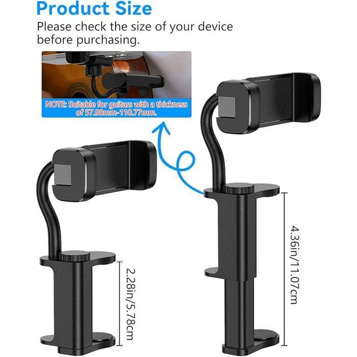 Soporte para teléfono con forma de guitarra - Soporte universal para smartphone para guitarra, bajo, ukelele, giratorio, negro, tipo clip.