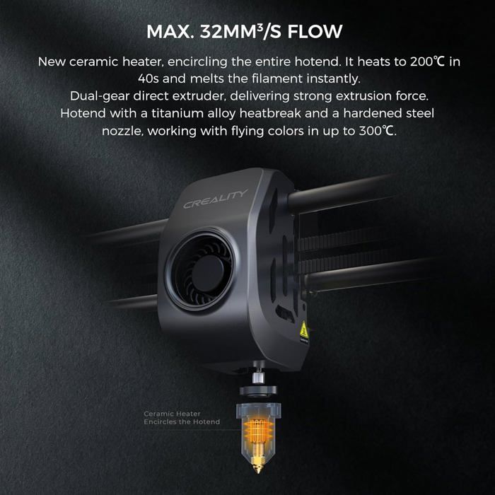 Impresora 3D Creality K1 MAX, velocidad de impresión 600 mm/h, caudal máximo 32 mm³/s, doble sistema de refrigeración, LiDAR con IA y cámara con IA.