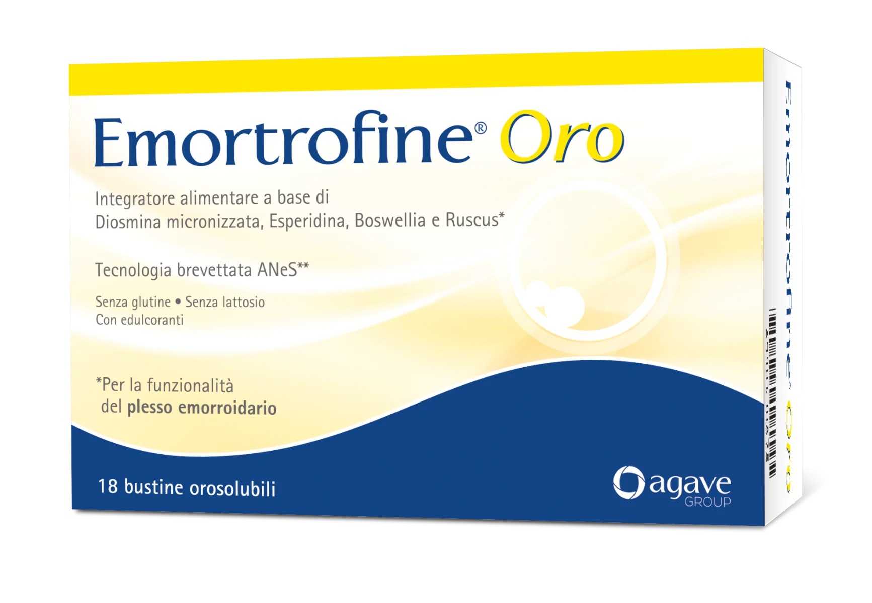Voedingssupplement met agave, Emortrofine Oro, tegen aambeien, 18 sachets, plantenextracten en antioxidanten.