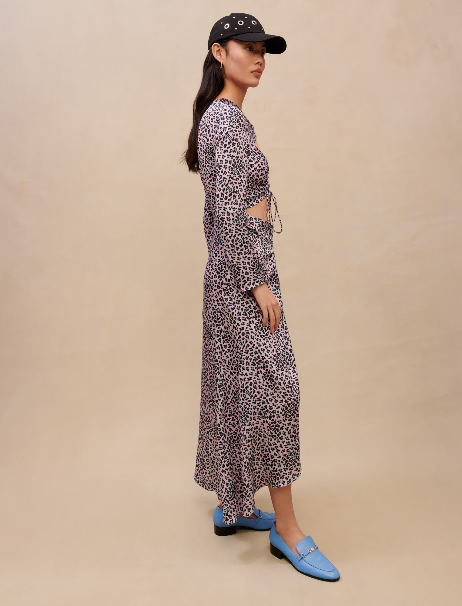 Rochie lungă din satin și broderie - Leopard roz