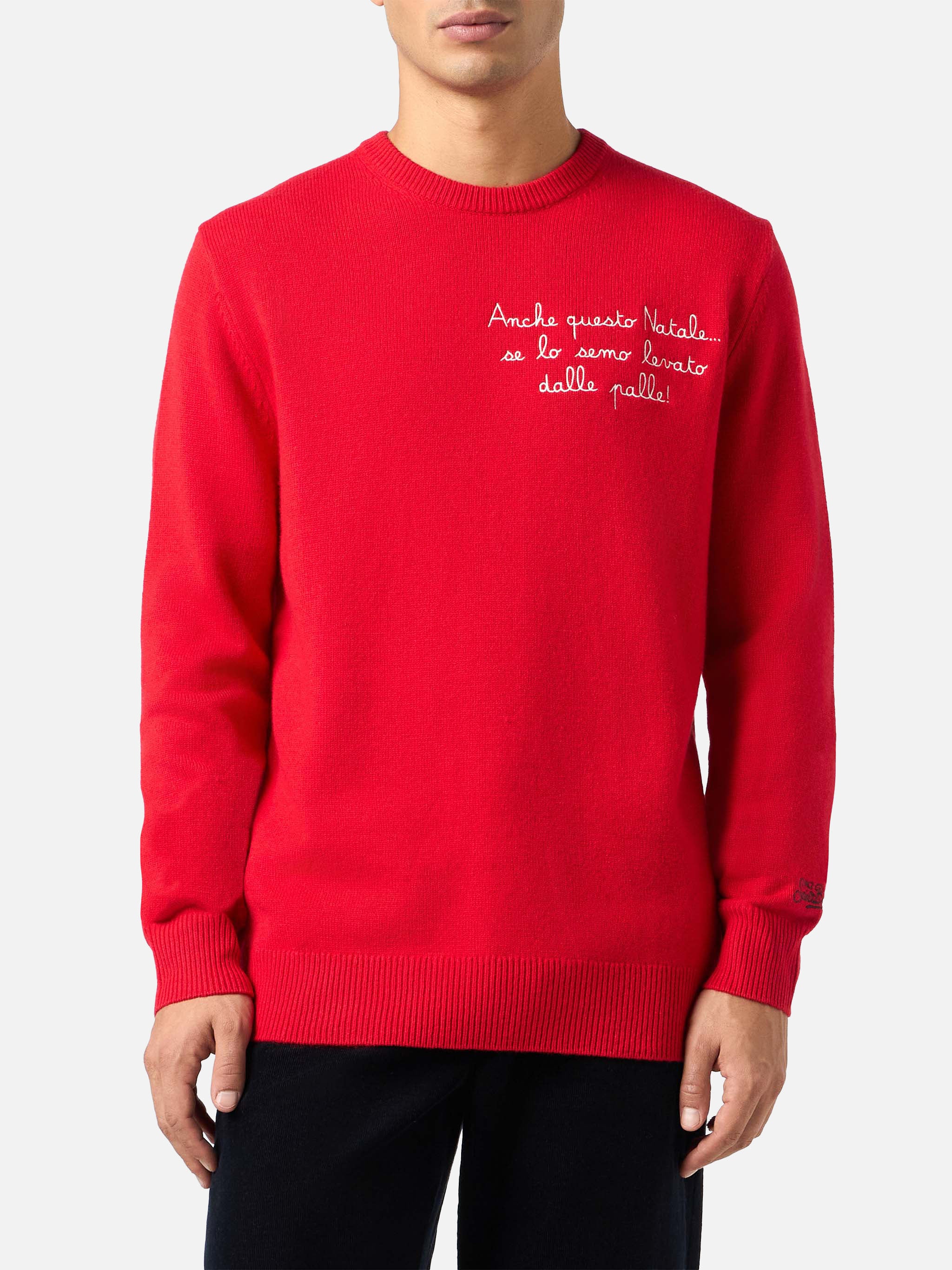 Man Heron Crew-Neck Sweater | Red | Holiday embroidery | Regular fit | Wool-cashmere blend | MC2 Saint Barth VACANZE DI NATALE SPECIAL EDITION