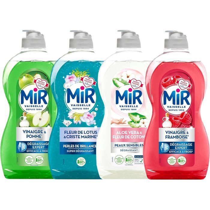 Liquide Vaisselle - Mir - Lot de 4 - Vinaigre & Framboise - Aloe Vera & Fleur de Coton