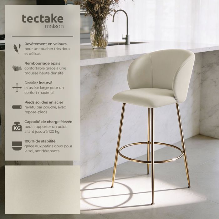 Bar stool - TECTAKE - Set of 2 LUANA velvet-look stools and footrest 51 x 60 x 106 cm - Cream/Gold