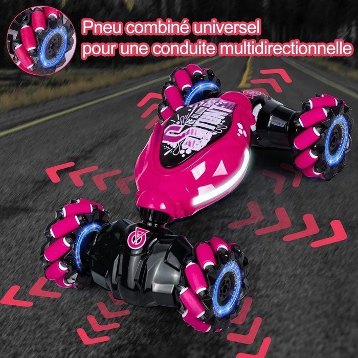 Coche teledirigido todoterreno, 2,4 GHz, coche acrobático RC giratorio de 360°, juguete para niños de 6 a 12 años, coche teledirigido controlado por gestos, rosa.