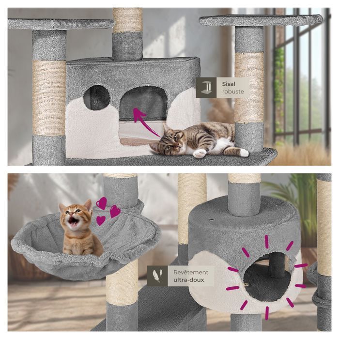 Árbol rascador para gatos - TECTAKE - FIPPI, 201 cm de altura, con poste rascador, hamacas y cuerda - Blanco/Gris