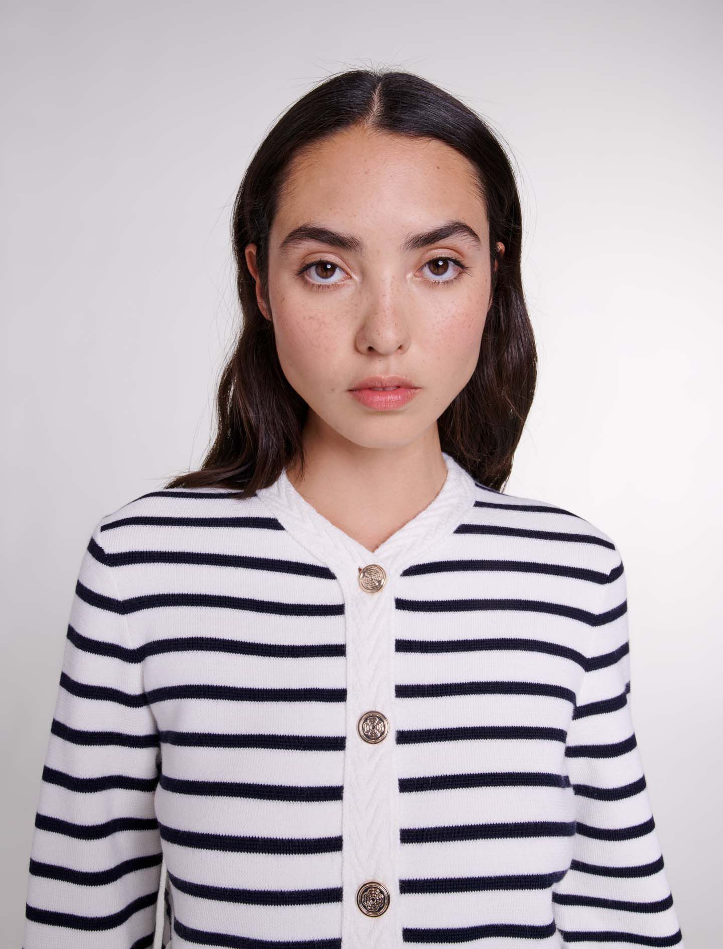 Cardigan tricotat cu dungi - Bleumarin / Ecru