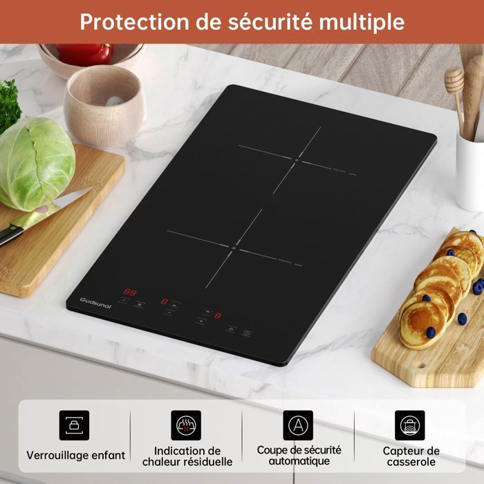 Plaque Induction, Gudsunal Domino Induction, 2 Foyers Encastrable, 3600 W,Chauffage à Basse Puissance, Boost, 9 Niveaux de