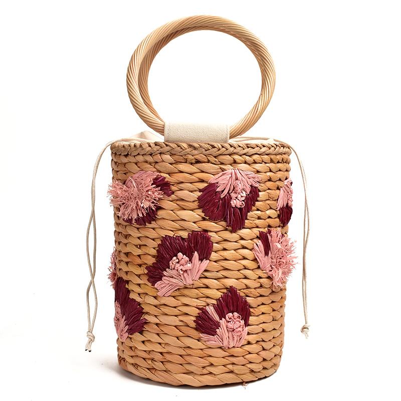 Nuova borsa a mano tridimensionale in paglia intrecciata con motivo floreale, graziosa borsa a secchiello intrecciata a mano per le vacanze, borse da spiaggia da donna