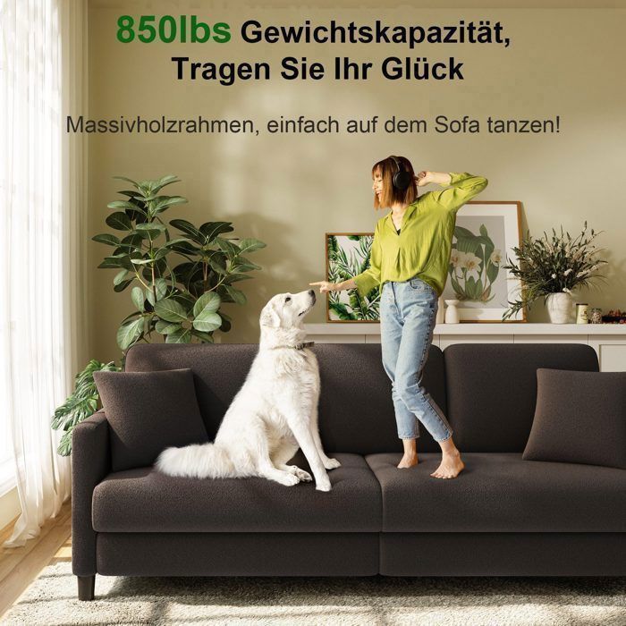 Sofá grande de 3 lugares em veludo marrom estilo Teddy com 3 almofadas e 2 travesseiros, sofá em estilo escandinavo para sala de estar e quarto.