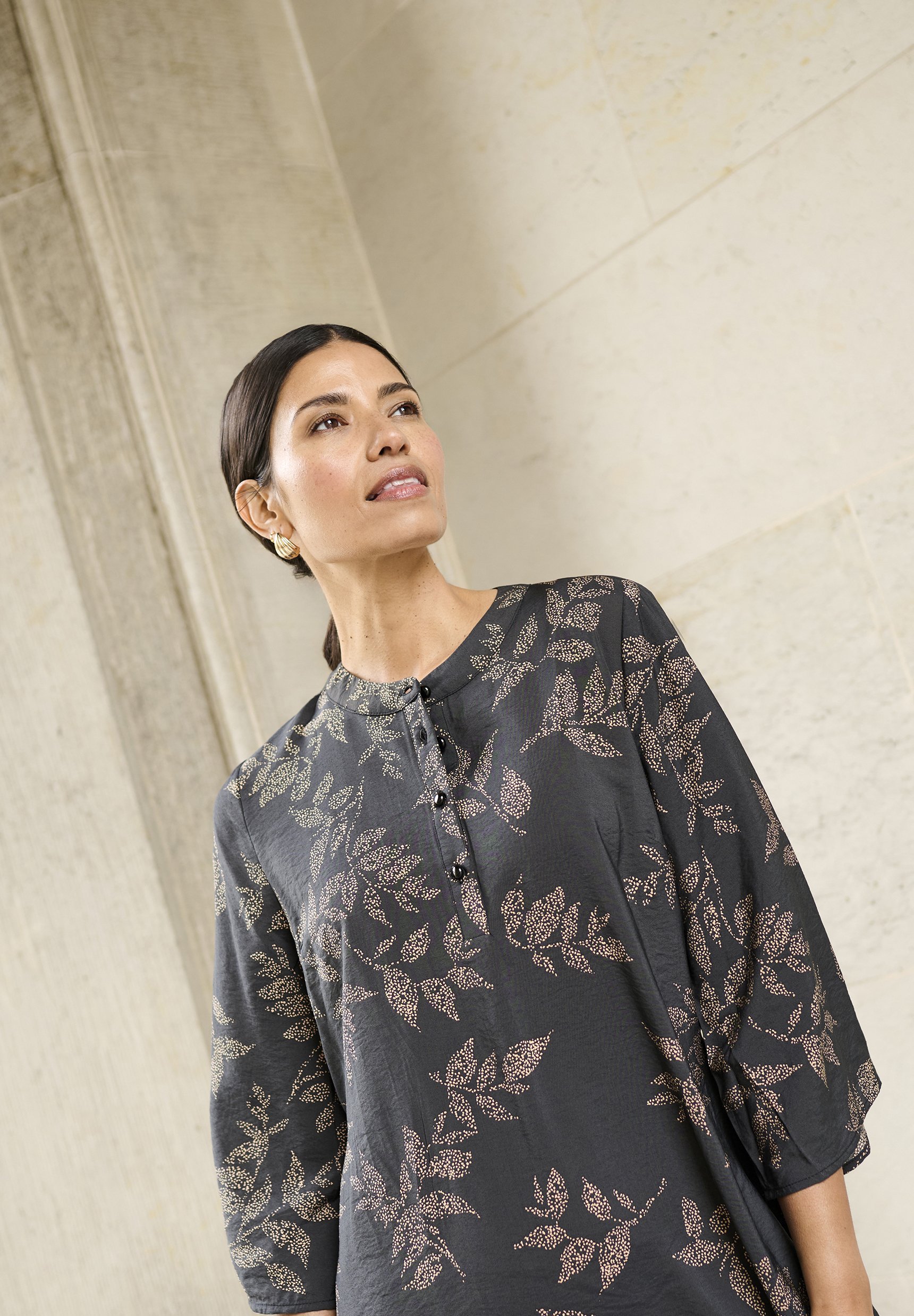 Bon'A Parte ARIANNA - Overhemdjurk - zwart oestergrijs bladprint