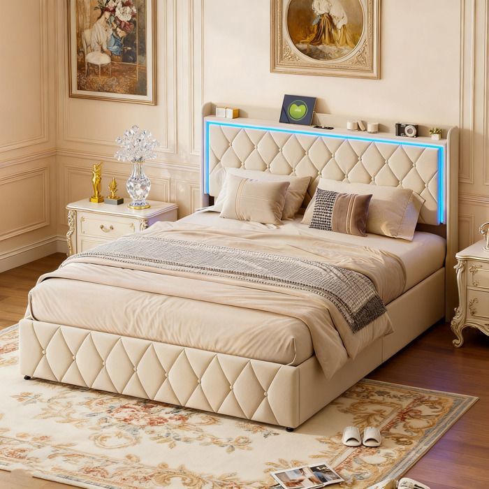 Bett (140 x 190 cm) mit LED-Beleuchtung und USB-Anschluss – CWXL – 140 x 190 cm Bett mit Stauraum und Lattenrost – Bettgestell für Erwachsene – Samtbezug – beige