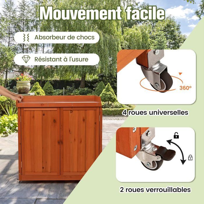 GIANTEX Armoire à Outils en Bois de Sapin, Abri de Stockage pour Outils avec 4 Roues Universelles et Étagère Amovible,98,5X48X100