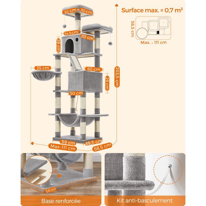 Árbol rascador para gatos, 203,5 cm de altura, con 13 postes rascadores, 2 plataformas, 2 cuevas, árbol rascador multinivel para interiores, gris claro.
