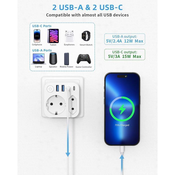 Adaptador de viaje de Francia a Japón con 4 puertos USB (2 USB-C), adaptador de viaje de doble salida, conector Schuko.