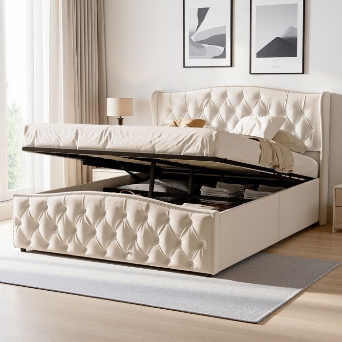 Lit coffre Lit rembourré avec levier hydraulique rangement Lit adulte 140x200 cm Structure de Lit 140 x 200 cm Lattes en Bois, Beige