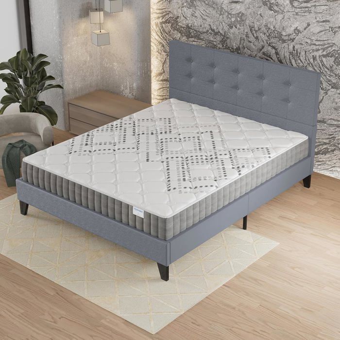 Colchón y cama (140x200cm) - Muelles ensacados Eliha de 20cm y espuma de alta densidad + Base de láminas estable y cabecero tapizado en gris