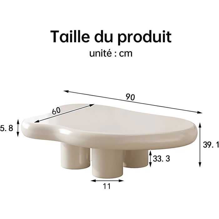 Cloud salontafel, minimalistische salontafel met onregelmatige vier poten voor de woonkamer (crème wit, 90 cm)