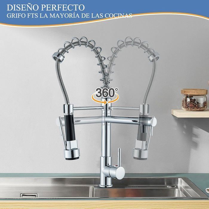 Grifo de cocina JULLYBATHEVY - Monomando - Giratorio 360° - 2 modos - Cromado
