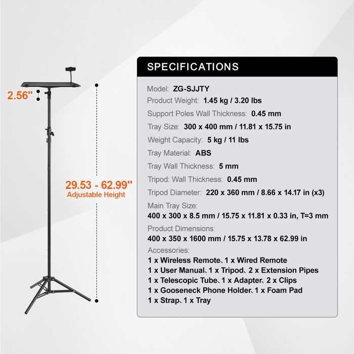 Supporto per proiettore - DUOKU - ZG-SJJTY - Altezza regolabile 685-1600 mm - Piattaforma in ABS - Portata massima 5 kg