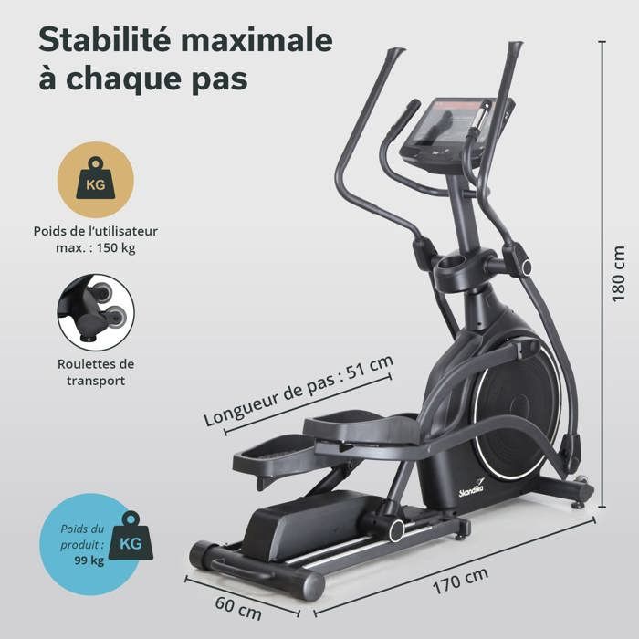 Vélo elliptique connecté - Skandika Carbon P30-S Touchscreen - Inertie 30kg - inclinaison réglable - app préinstallées