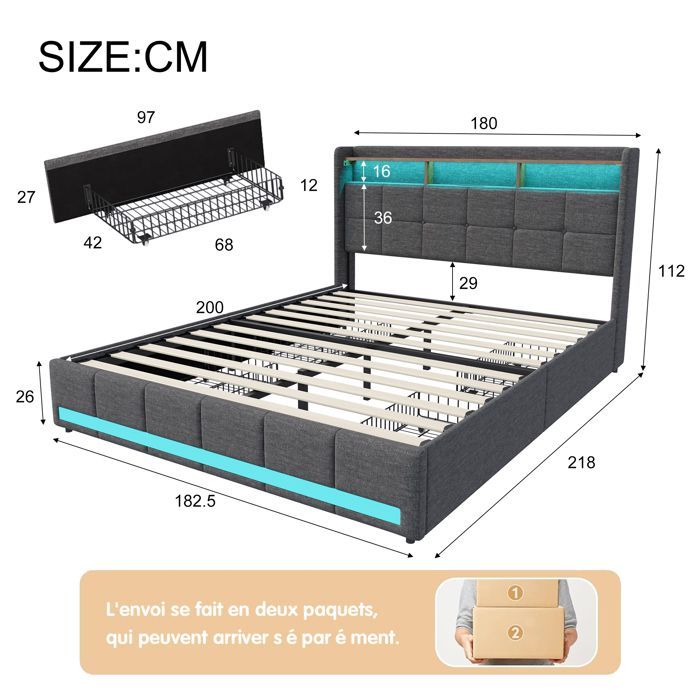 Lit coffre en lin gris 180x200 cm, lit double avec LED et port USB, lit adulte avec tiroir de rangement et sommier à lattes