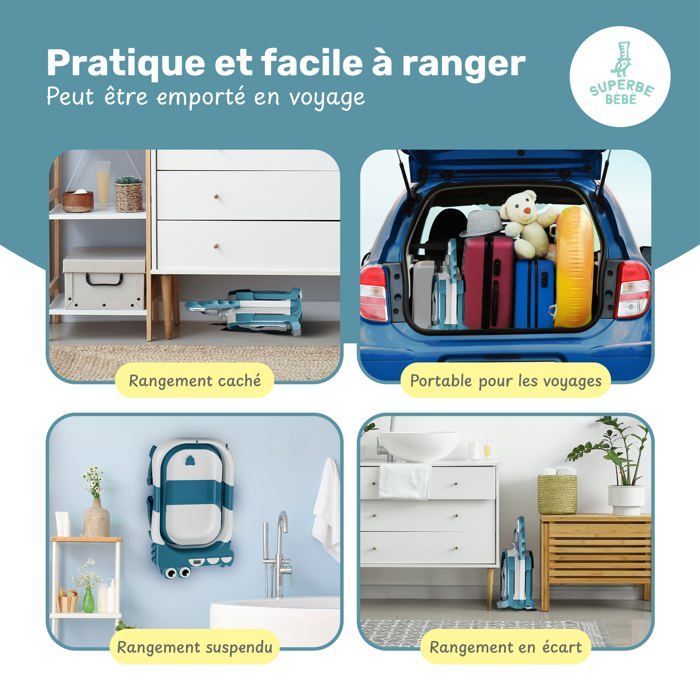 Vaschetta da bagno pieghevole per neonati - Termometro e cuscino inclusi - DINO - Blu Anatra | SUPERB BABY