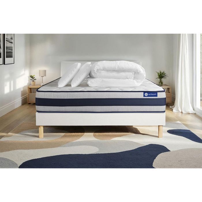 Complete bed set 140x190 cm - Mattress + White bed base (assembly required) + 2 pillows + Duvet - Actilatex E