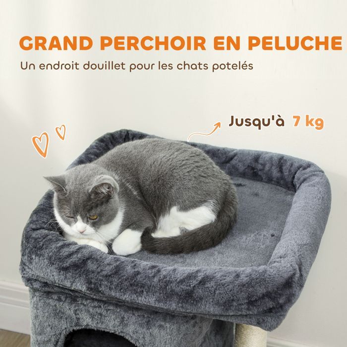 Cat tree - PawHut - large platform, 2 hideaways and plush ball, sisal scratching posts - 45 x 40 x 66 cm - dark grey