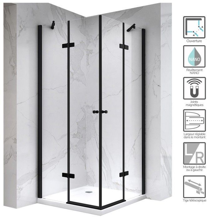 MAYA-BLACK Cabine de douche H 190 cm en verre 6 mm Dimensions - 70 x 80 cm, Verre - transparent
