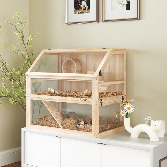 Hamsterkäfig aus Holz – Nagerkäfig – PawHut – 3 Ebenen mit herausnehmbarem Boden, Versteck, Schaukel – 80 x 50 x 76 cm – Naturholz-Finish