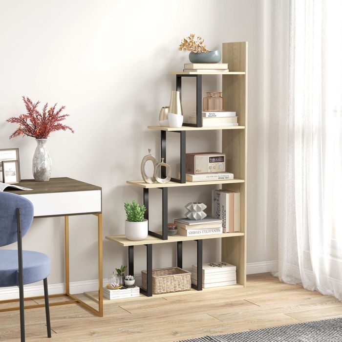Bookshelf - HOMCOM - Industrial Style Staircase Room Divider with 5 Shelves - Wood - 102x30x160cm - Oak