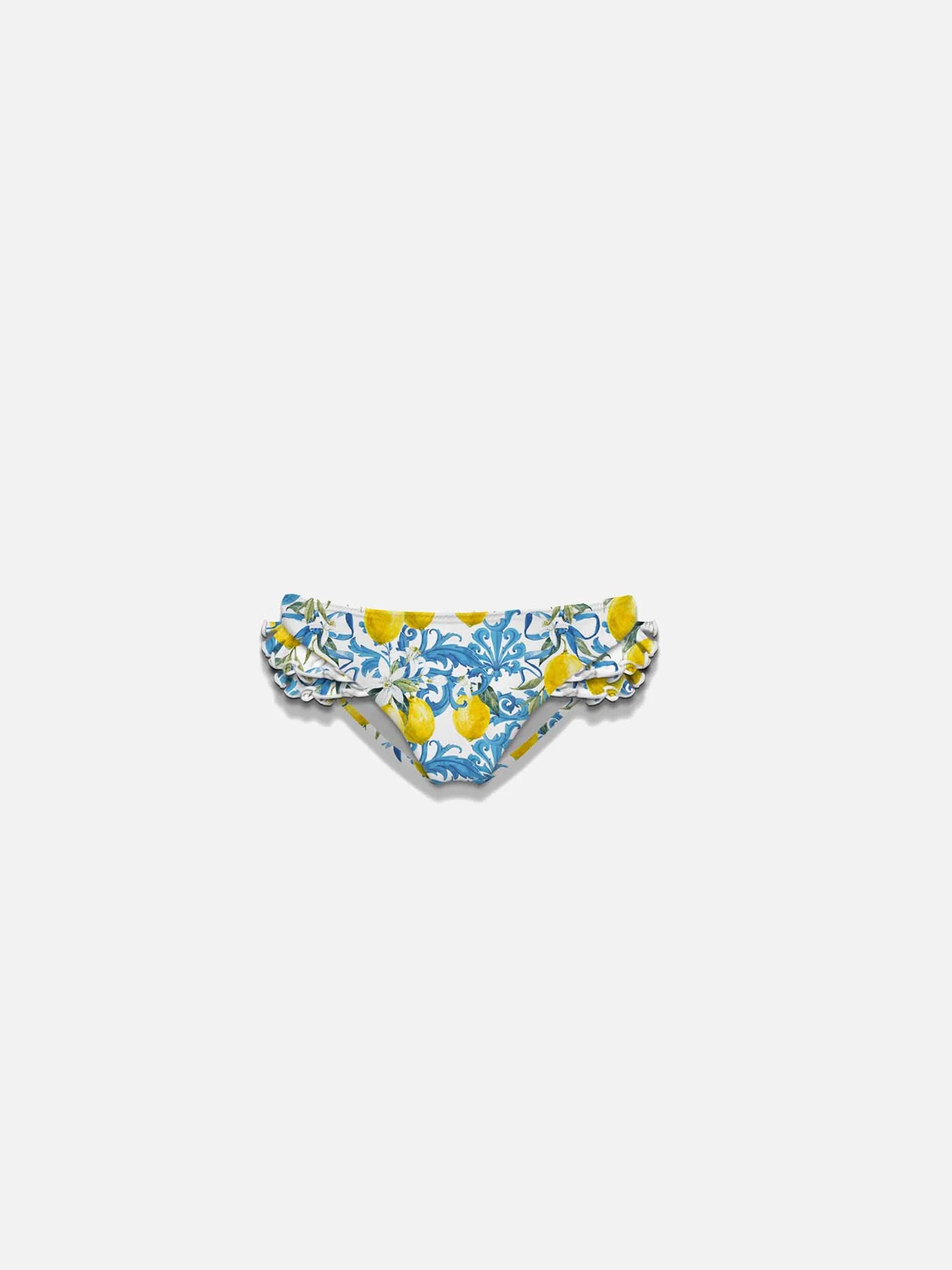 Braguitas de baño para niñas con volantes y estampado barroco.
