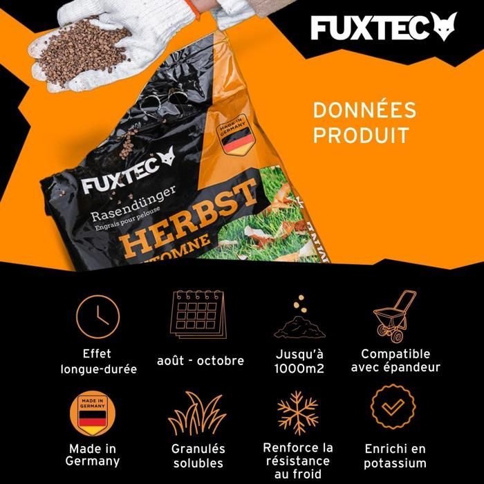 Engrais gazon automne FUXTEC FX-RDH20 enrichi en potassium sac 20 kg pour 1000 m2 granulés solubles fabrication allemande