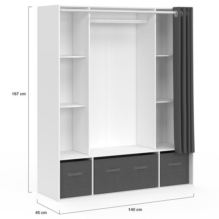 Guarda-roupa duplo IDMARKET DIANE, 140 x 45 x 167 cm, branco, com prateleiras, caixas de arrumação e cortina cinzenta.