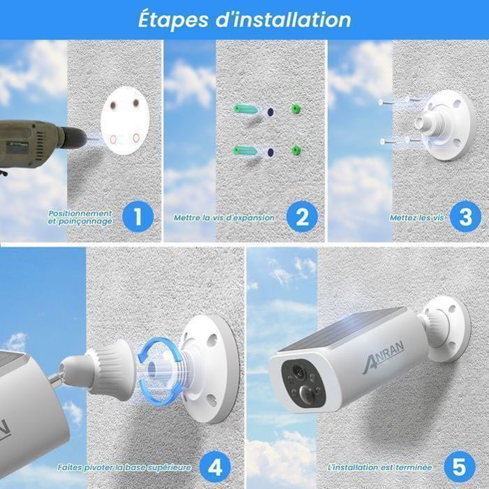 Cámara de vigilancia inalámbrica para exteriores ANRAN C3 - Cámara alimentada por batería con panel solar integrado - WiFi de 2,4 GHz