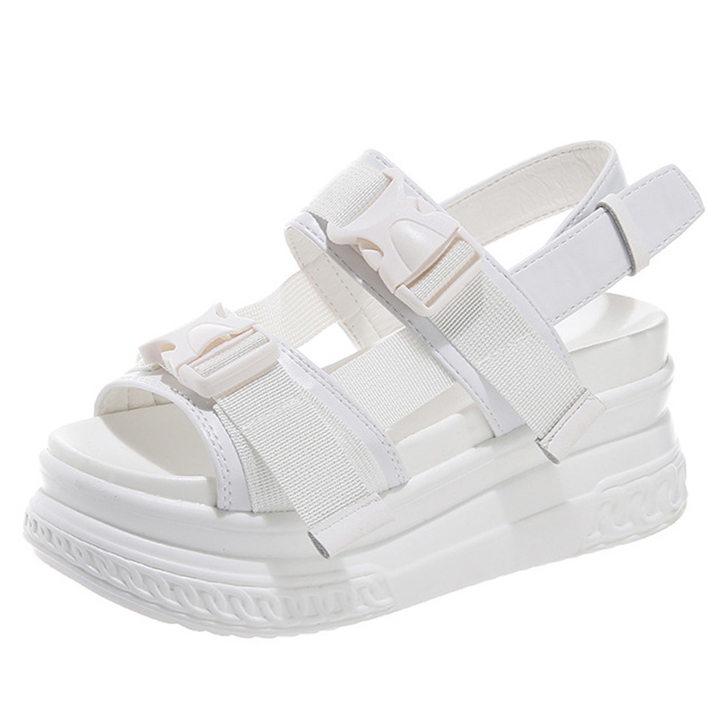 Sandales compensées pour femmes, en toile, à boutons, style étudiant, été, tendance, modernes, talon compensé de 7 cm, semelle épaisse