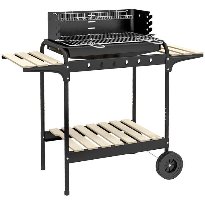 Barbecue a carbone con supporto e griglia regolabile.