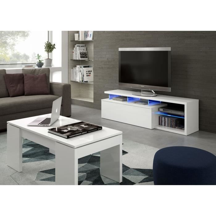 Mueble para TV reversible BLUE-TECH - Melamina lacada en blanco - 1 puerta abatible - Iluminación LED - Blanco brillante - 150 x 41 x 43 cm (ancho x profundidad x alto)