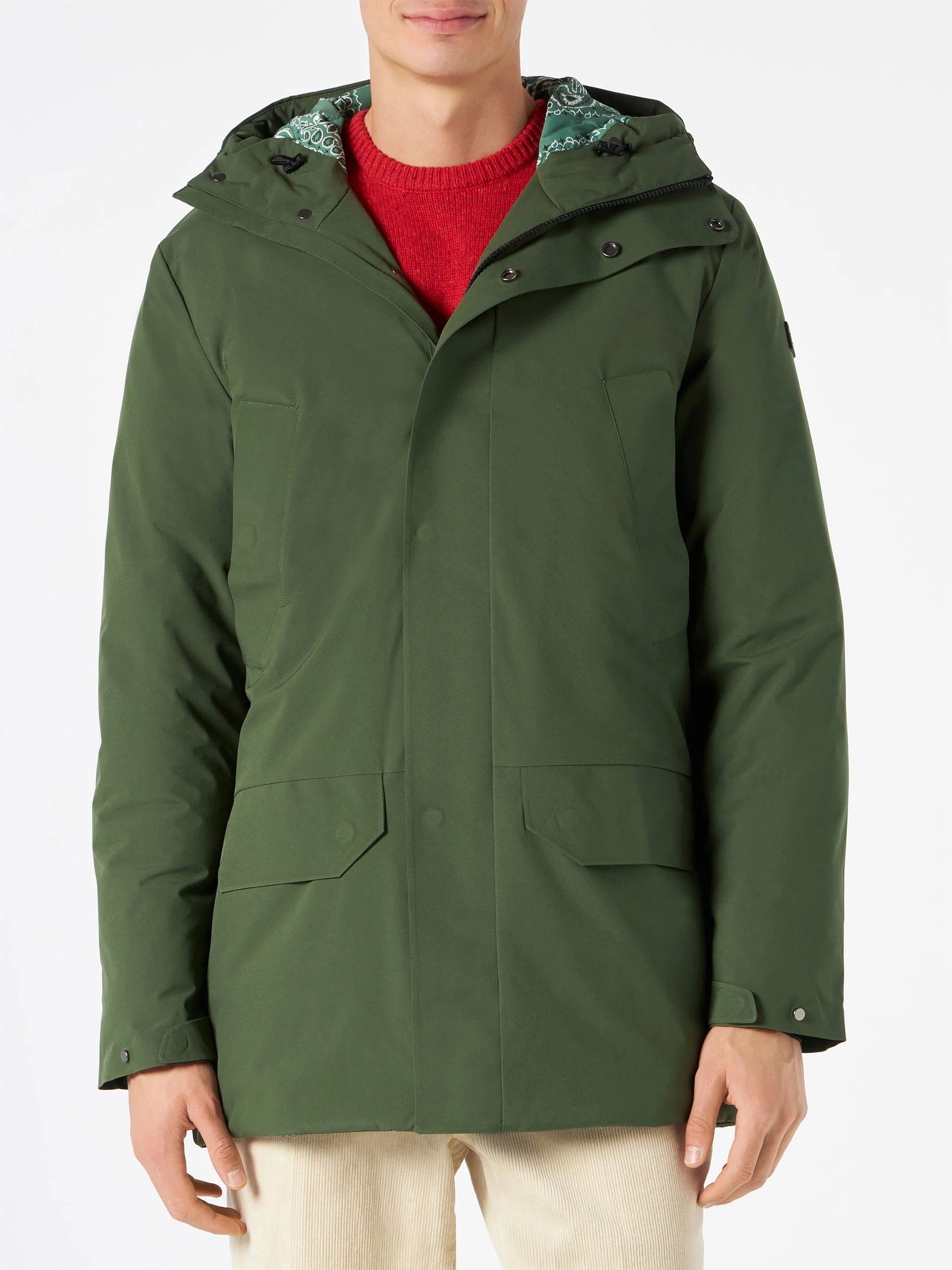 Parka pour homme à capuche et imprimé bandana vert militaire