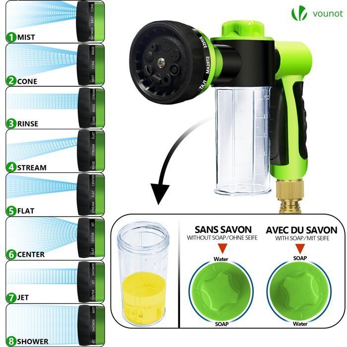 Manguera de jardín extensible reforzada VOUNOT® de 15 m, color verde, con depósito de jabón, 8 modos de funcionamiento, conector y bolsa de almacenamiento incluidos.