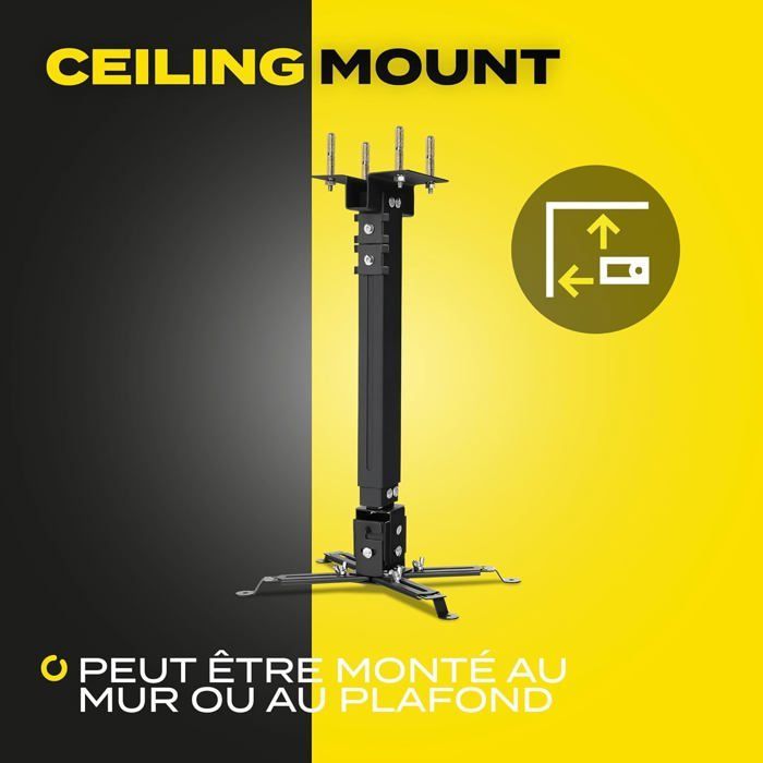 Ceiling and Wall Projector Mount, Steel, Up to 20 kg, Adjustable Length, 25° Angle, Stable Structure (Black).