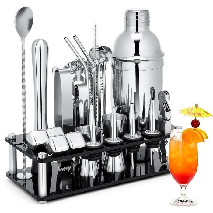 Juego de coctelería de acero inoxidable de 23 piezas con soporte de acrílico - Kit completo para coctelería - Kit profesional para bartender