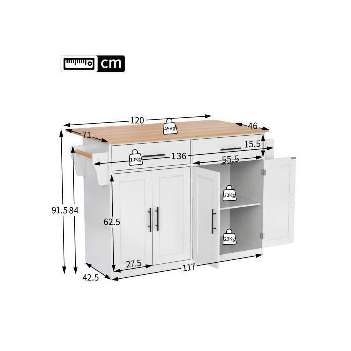 Multifunctionele houten keukentrolley met werkblad en lade - B120 x D46(70) x H91 cm - Wit