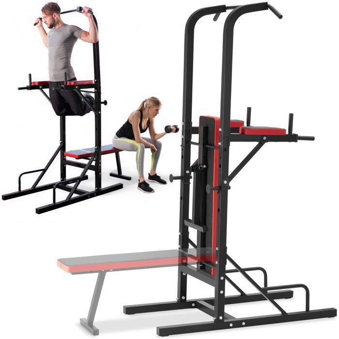 Entrenamiento con pesas - TECTAKE - Estación de entrenamiento con pesas REEVES de acero con banco plegable, barra de dominadas y estación de fondos - Negro