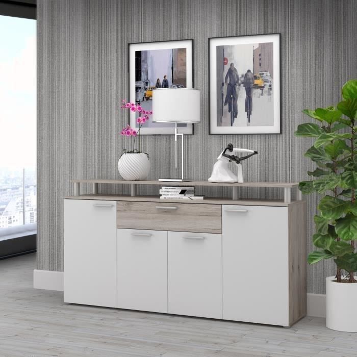 GULADA Ensemble meuble télé - buffet 170cm - table à manger 160cm - Contemporain - Blanc et décor chêne