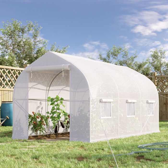 Invernadero tipo túnel Outsunny de 8 m² - con 2 puertas y 6 ventanas - Cubierta de PE de 140 g/m² - 400 x 200 x 200 cm - Blanco