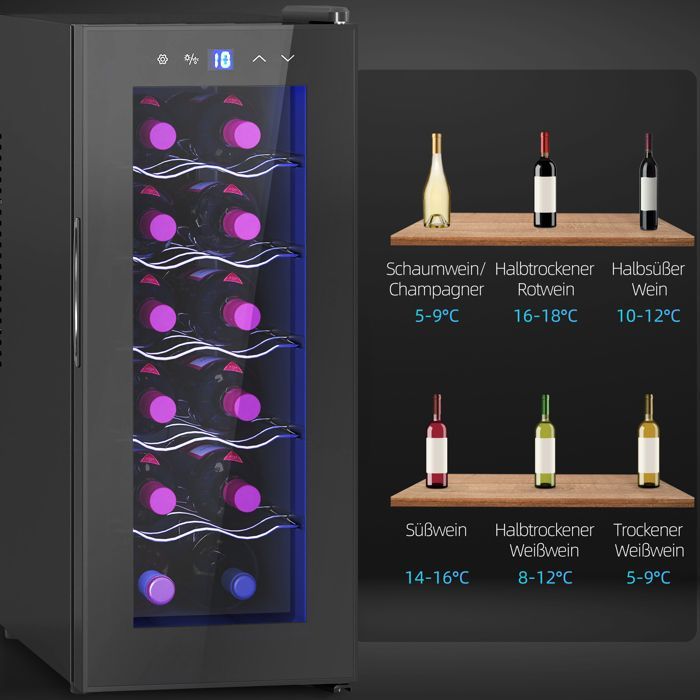 Cave a Vin-CDISPLAY -Réfrigérateur à Vin  avec Porte en Verre-silencieux - Peut contenir 12 bouteilles - 51,5 × 26,5 × 65 cm
